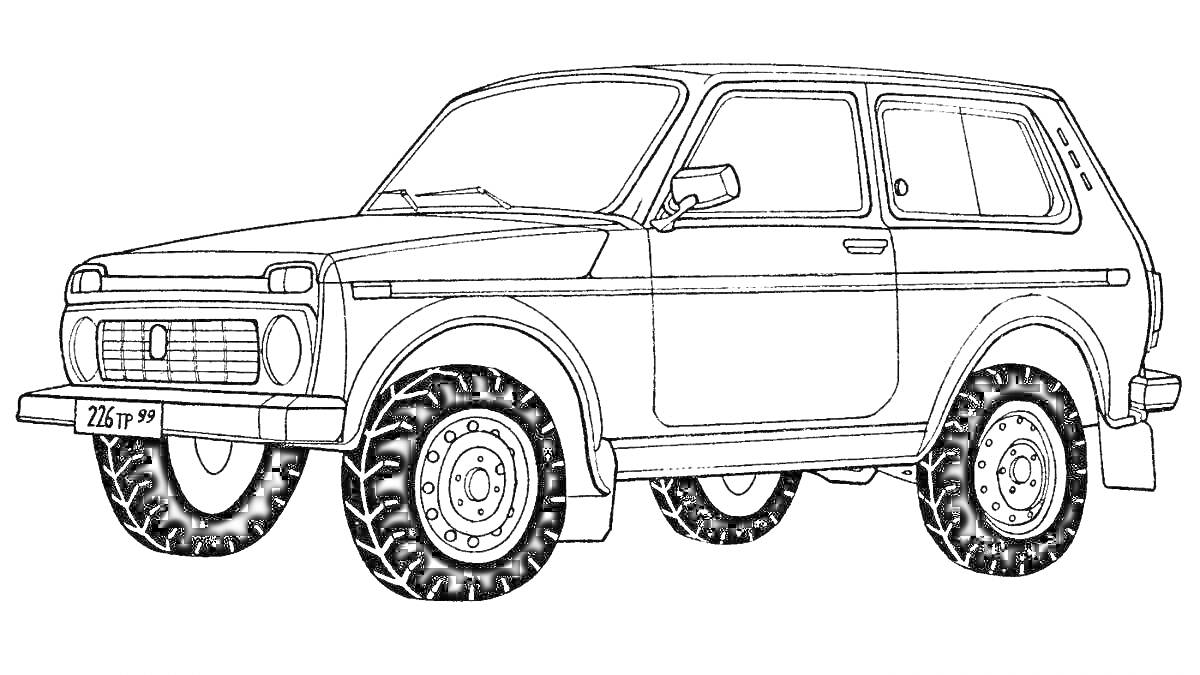 Раскраска Внедорожник УАЗ 3303 со всеми элементами на фото, включая двери, окна, фары, колеса и бампер