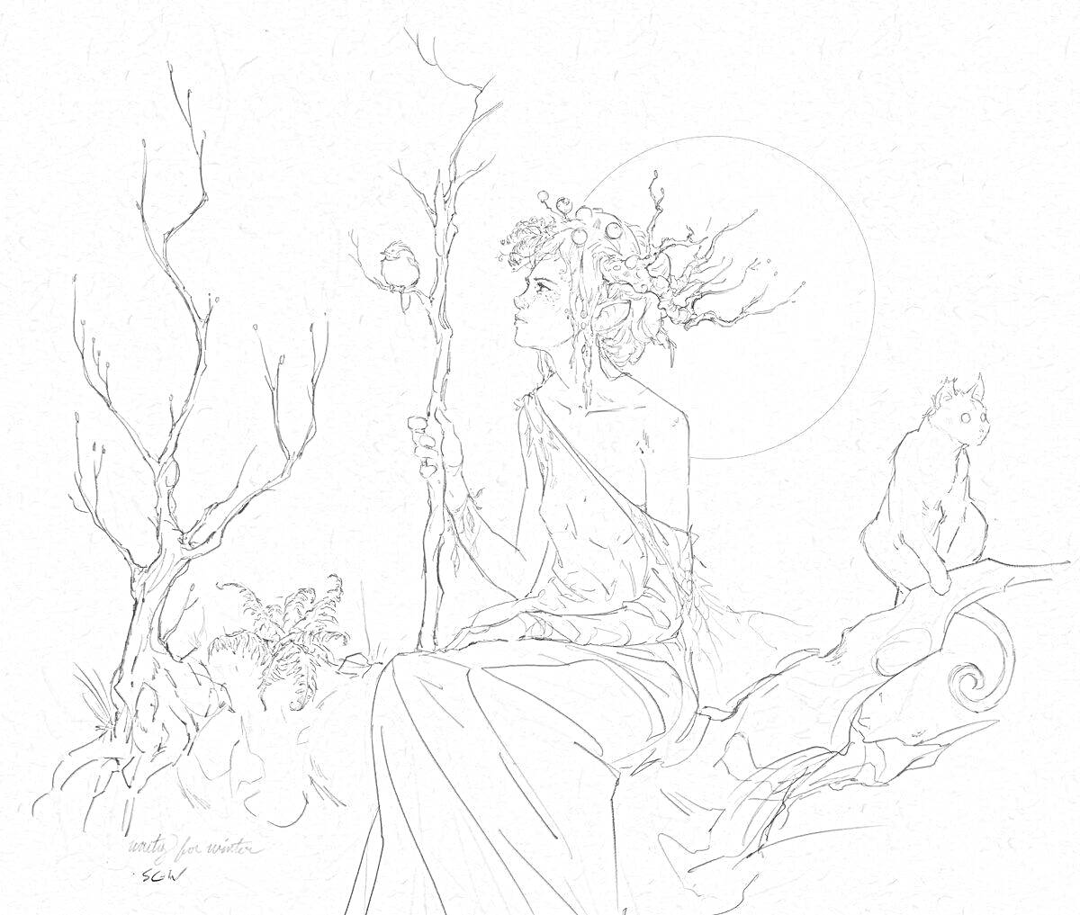 Раскраска Дриада с посохом, сова, кошка и голое дерево на фоне луны