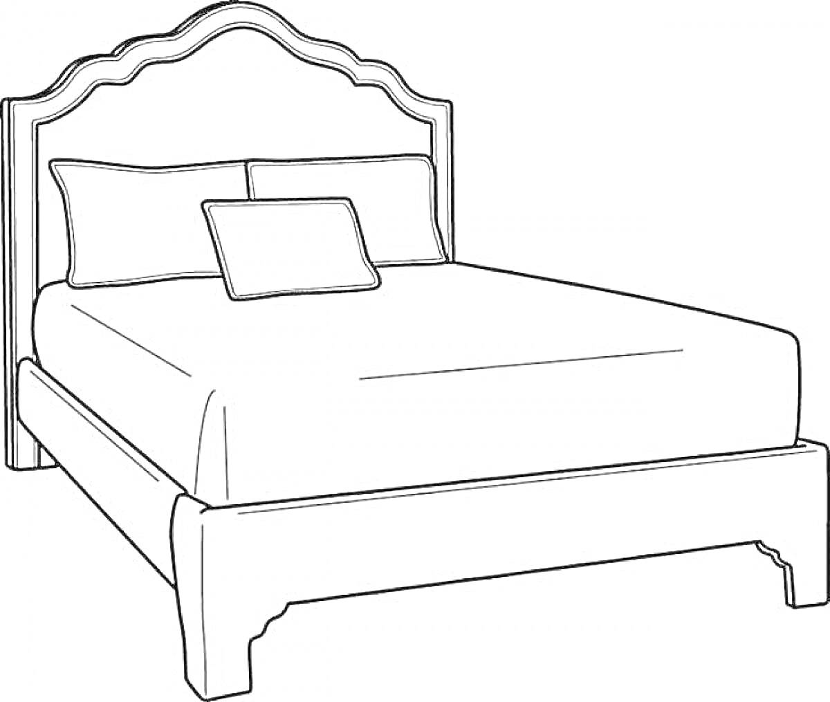 Раскраска Кровать с изголовьем, двумя подушками и декоративной подушкой