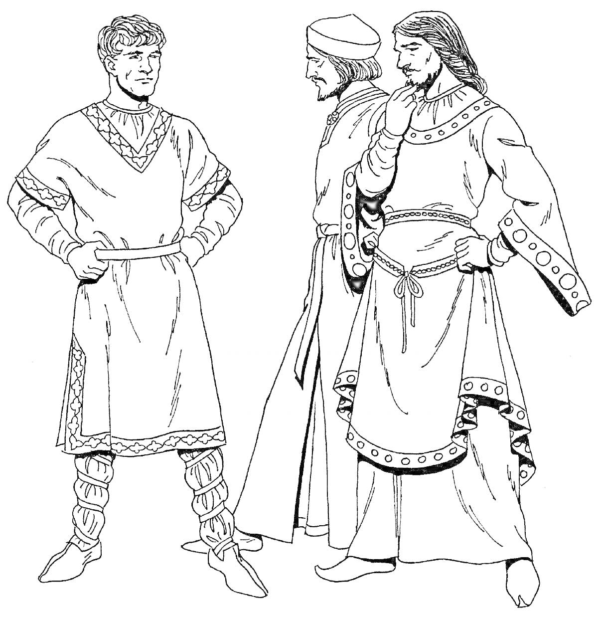 Раскраска Мужчины в славянской одежде - туники, сапоги, шапка, рубаха