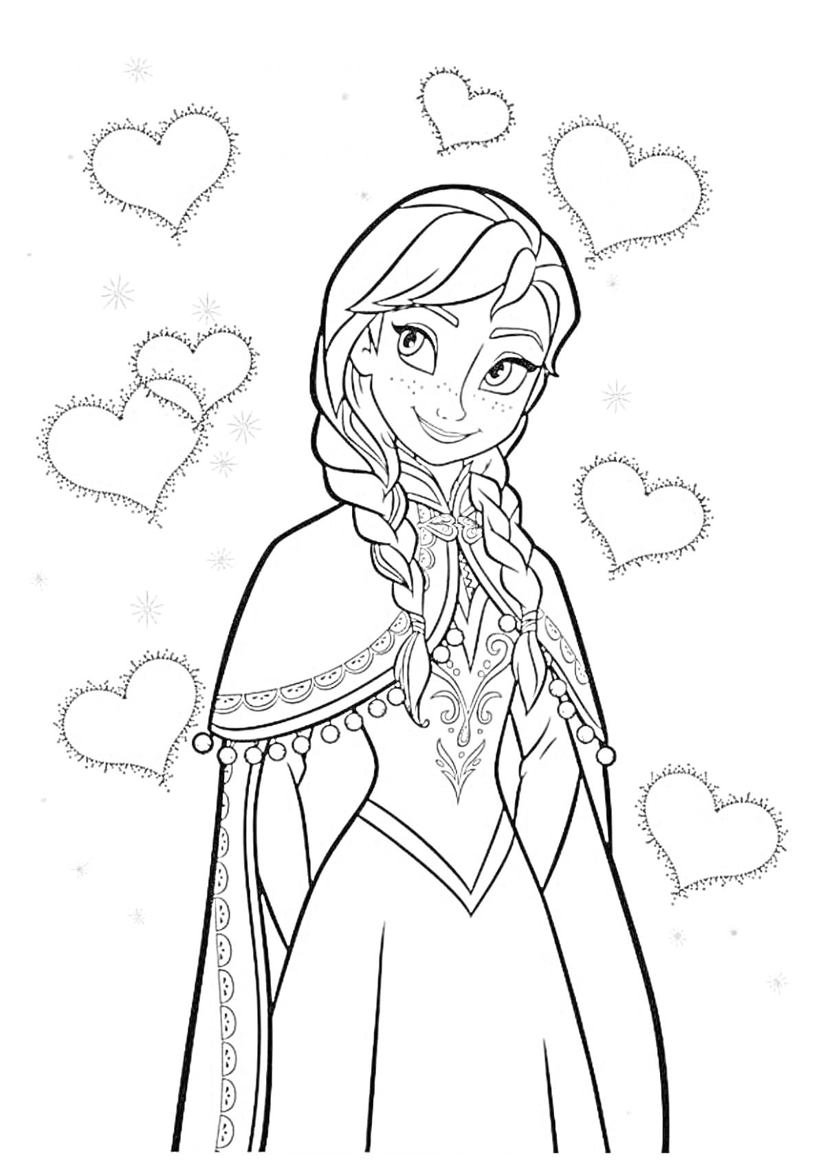 Раскраска Принцесса с косичками и сердцами на фоне из мультфильма 
