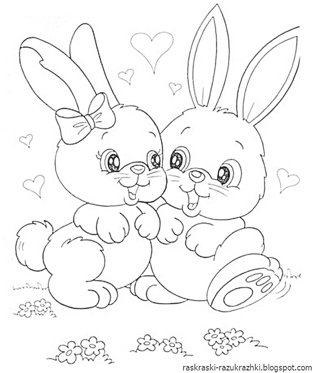 Раскраска Два зайчонка с сердечками на поляне
