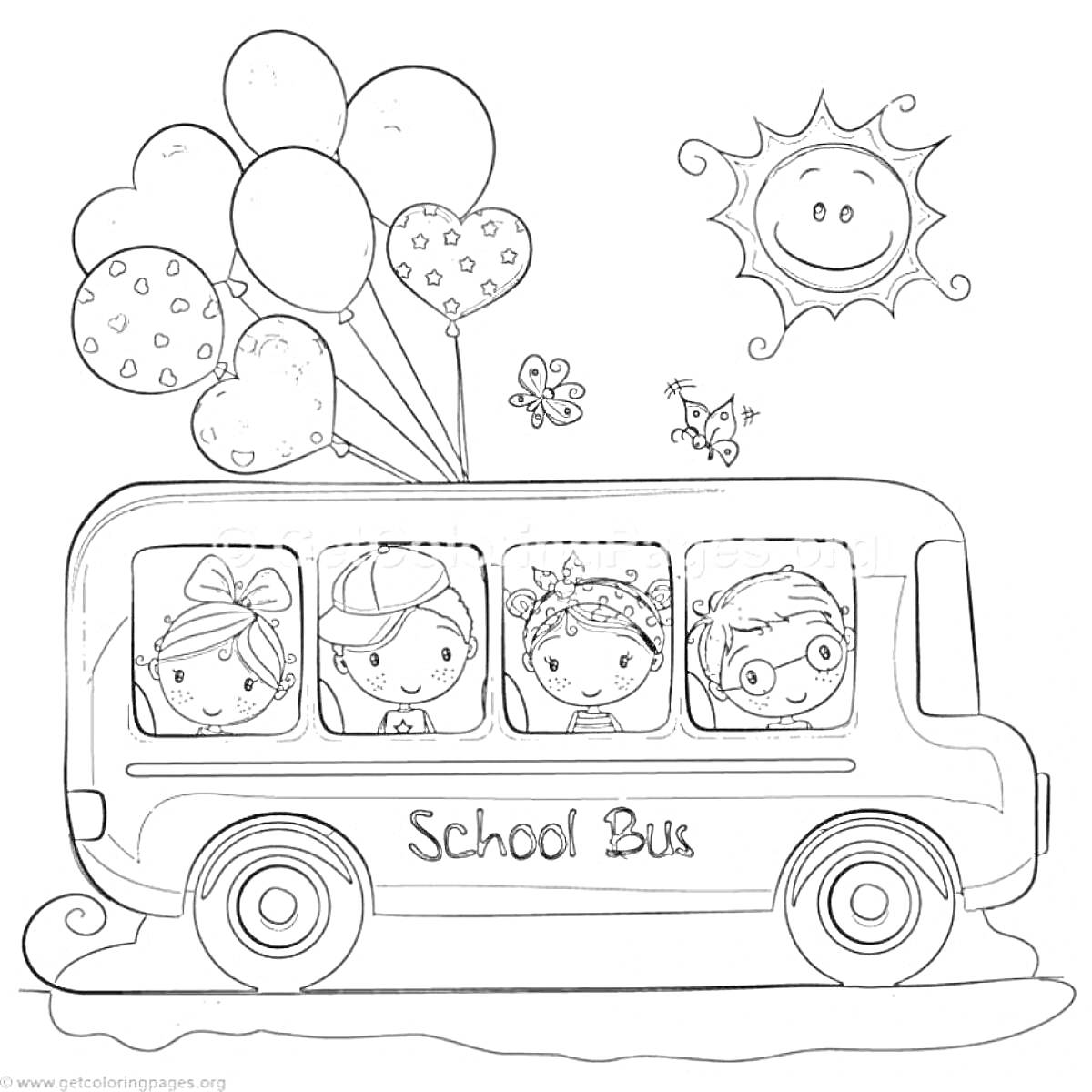 На раскраске изображено: Школьный автобус, Воздушные шары, Солнце, Бабочка, Школа