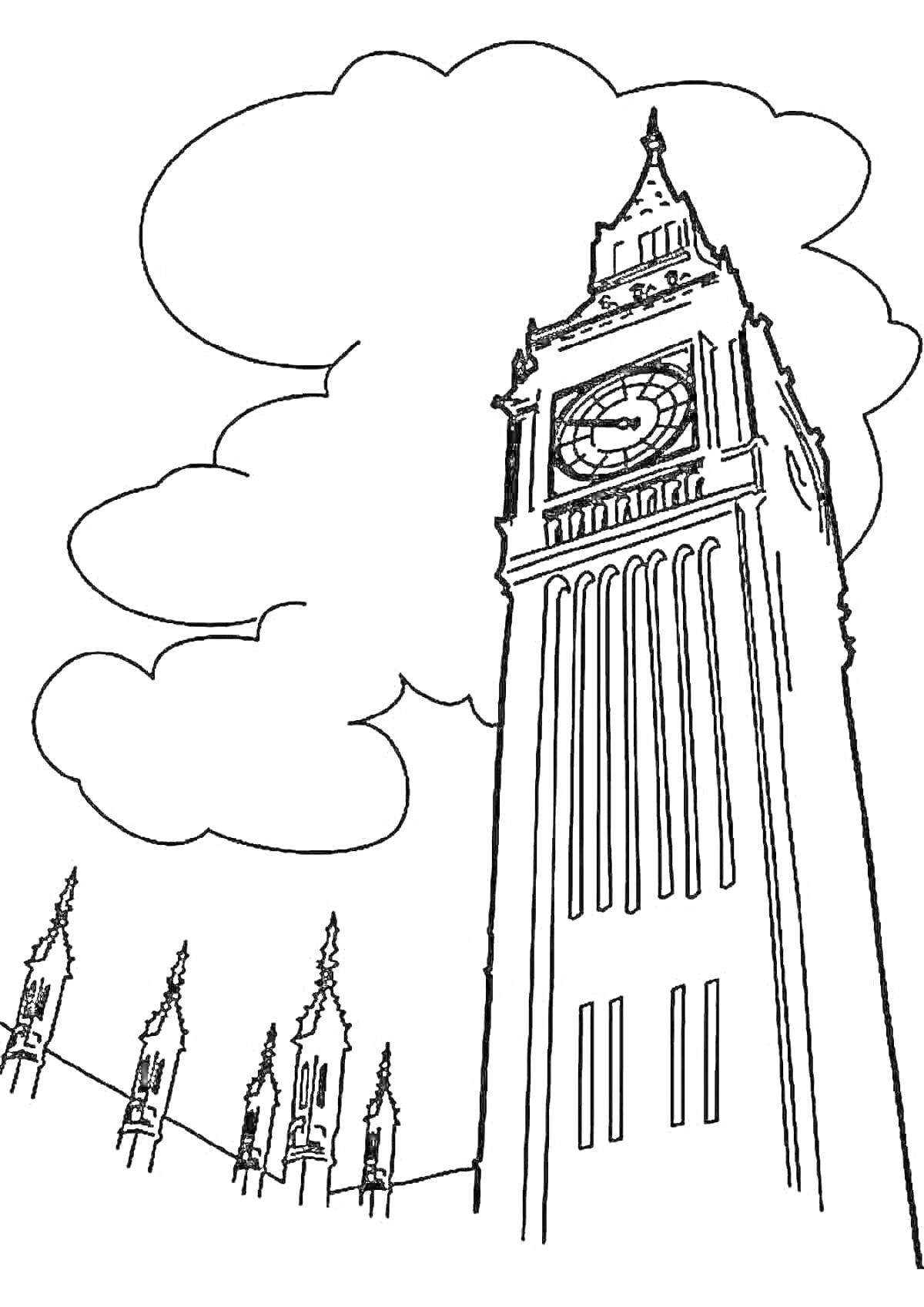 На раскраске изображено: Биг Бен, Часы, Облака, Лондон, Для детей, Архитектура