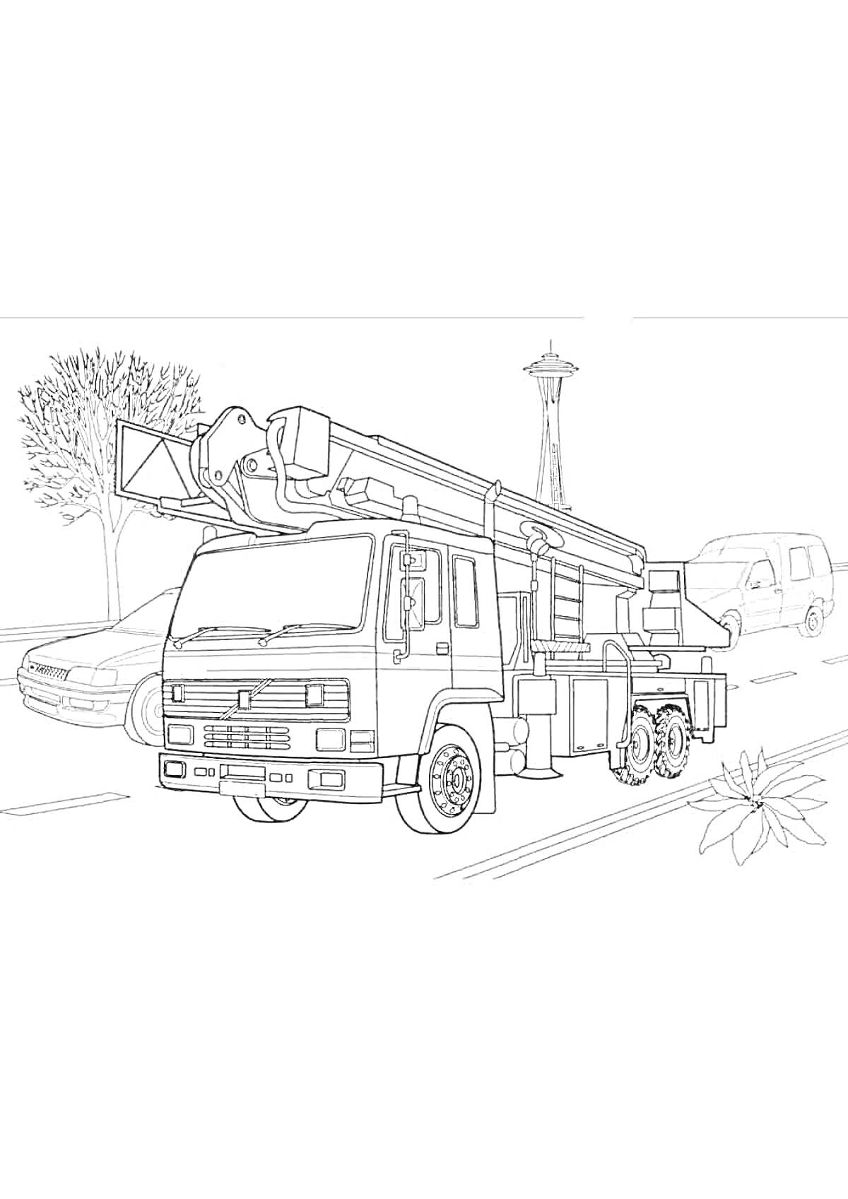 На раскраске изображено: Пожарная техника, Пожарная машина, Выдвижная лестница, Деревья, Пожарная безопасность
