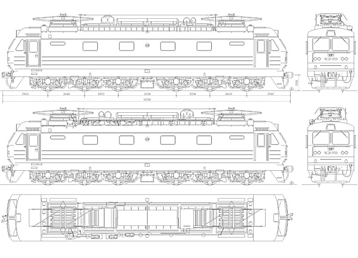 Чертеж электропоезда ЭД4М с боковыми, передними и верхним видами