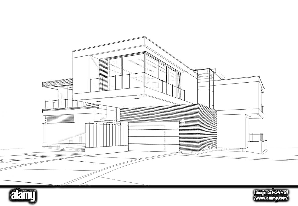 Модерн-здание с большими окнами, балконами и гаражом