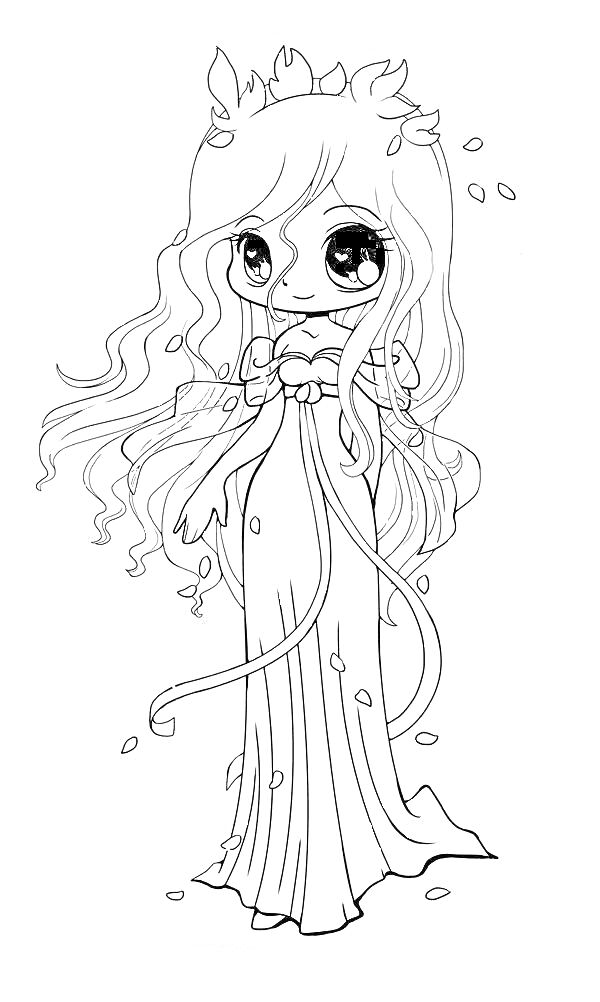 Девочка в длинном платье с цветочным венком, с развевающимися волосами и падающими лепестками