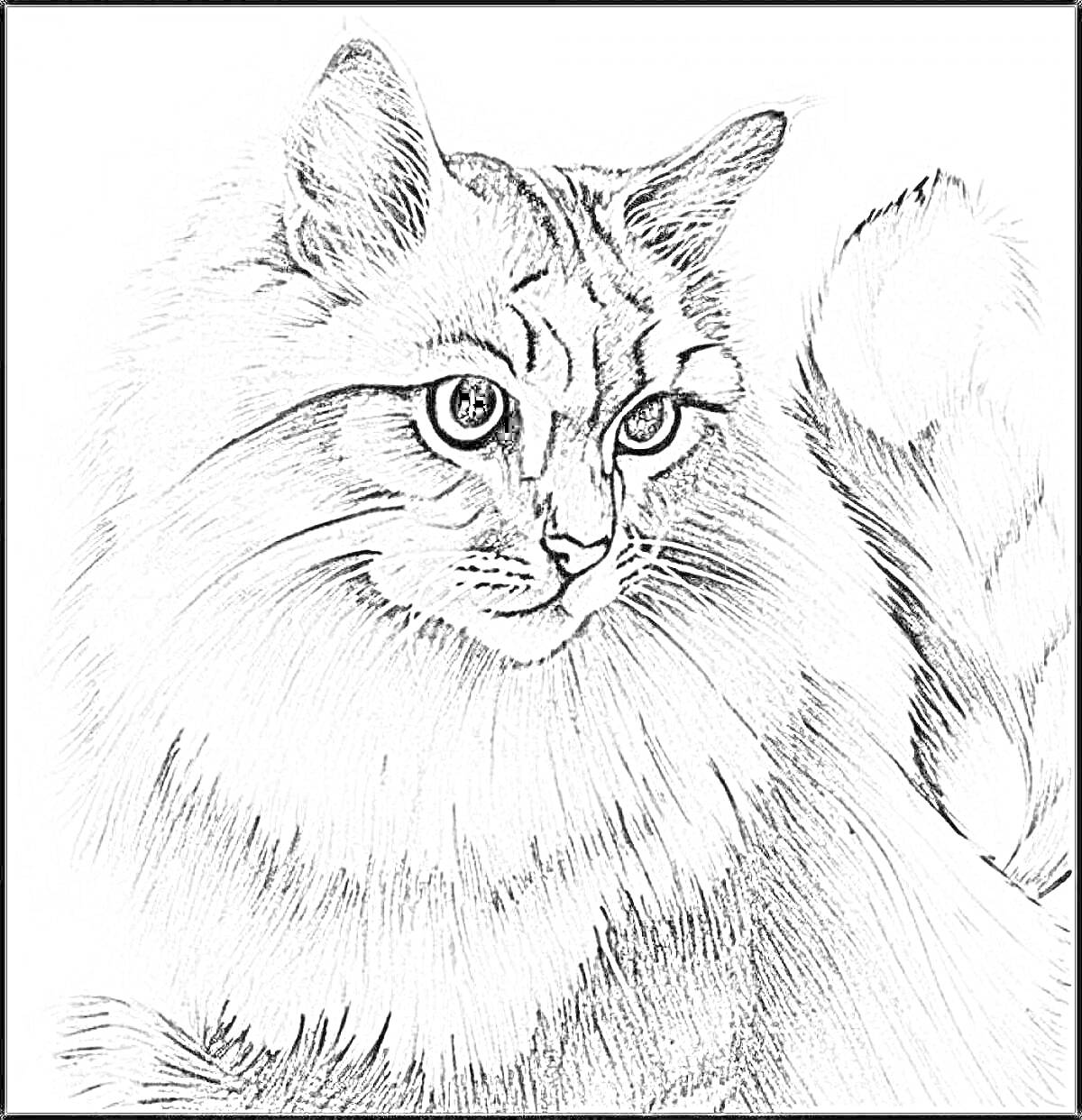 Раскраска Кот, нарисованный карандашом, крупный план, пушистая шерсть, хвост
