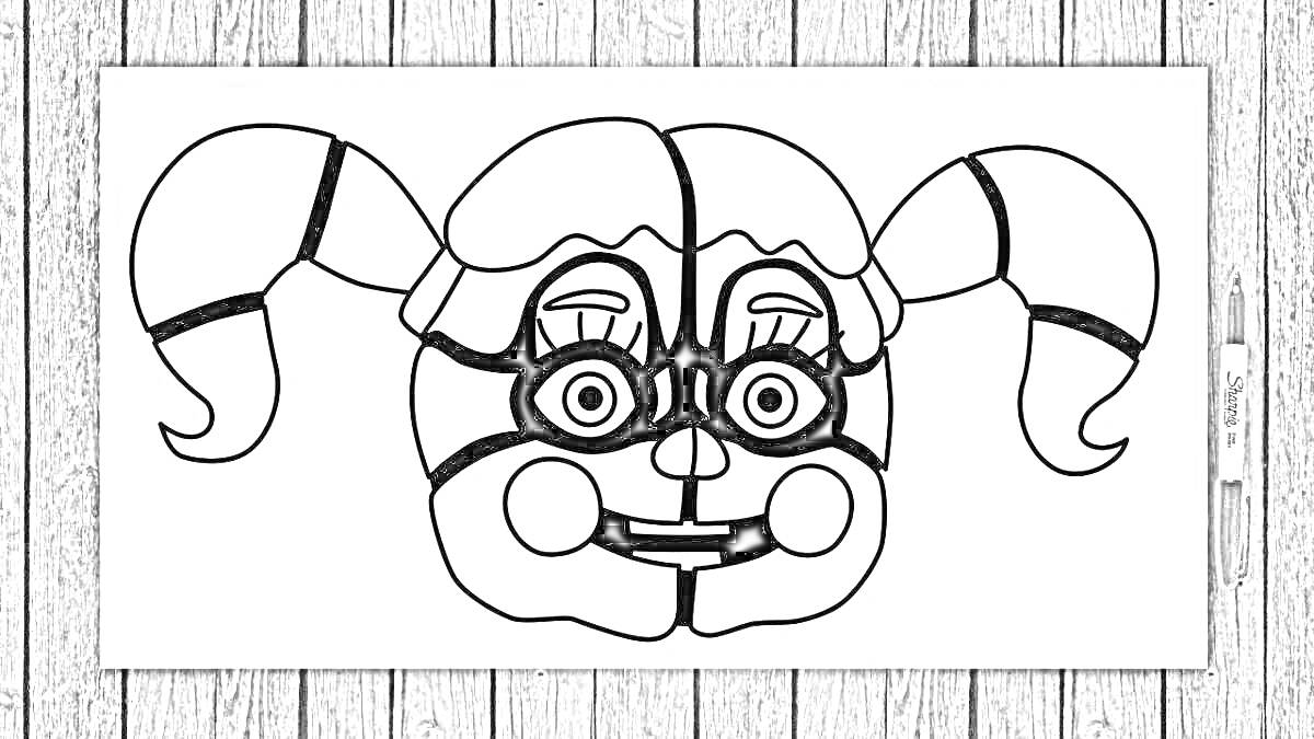 Раскраска Лицо куклы с двумя хвостиками на деревянном фоне