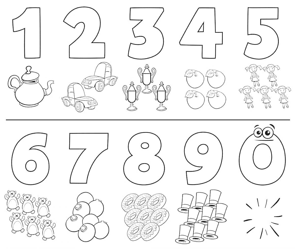 Раскраска Раскраска с цифрами от 1 до 10 и соответствующими объектами (чайник, машины, канделябры, груши, крабы, жабы, мандарины, сеты пончиков, цилиндры, фейерверк)
