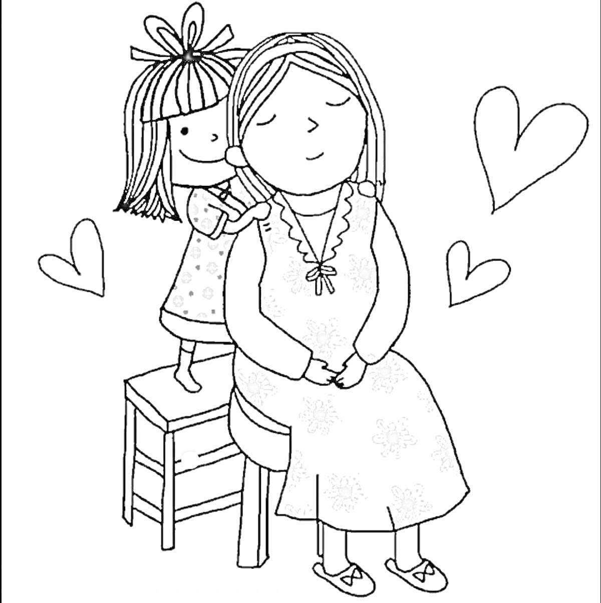 На раскраске изображено: Мама, Дочь, Девочка, Расческа, Стул, Любовь, Сердца