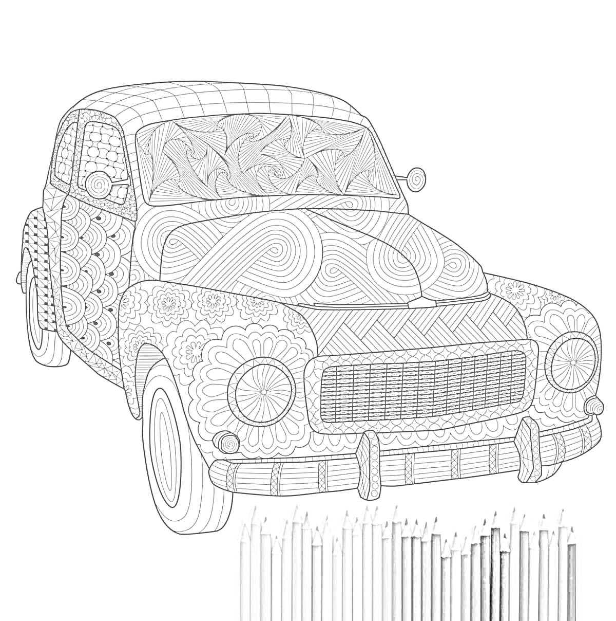 На раскраске изображено: Ретро автомобиль, Сложные узоры, Геометрические узоры, Цветочные узоры, Ретро машина, Карандаши