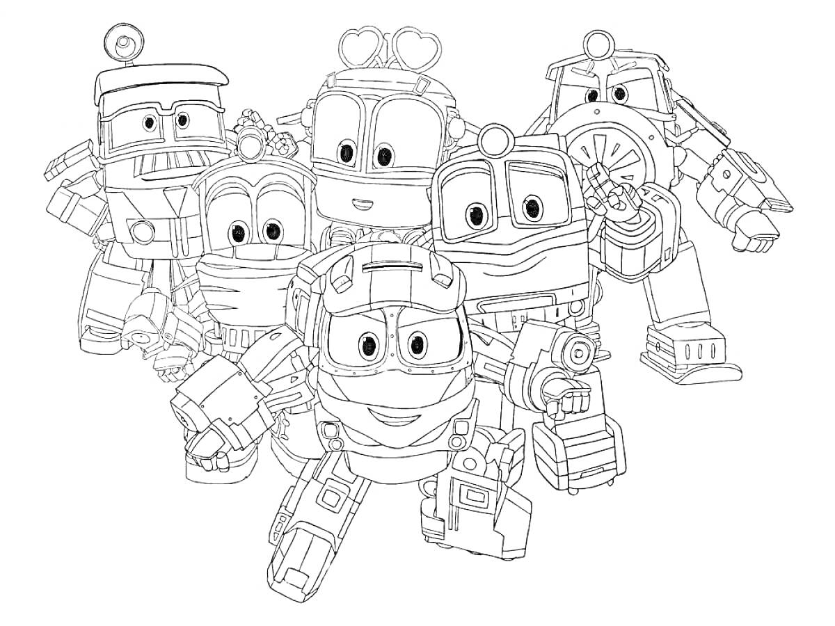 Раскраска Группа роботов с различными атрибутами, включая наушники, очки, антенны и различные механические детали