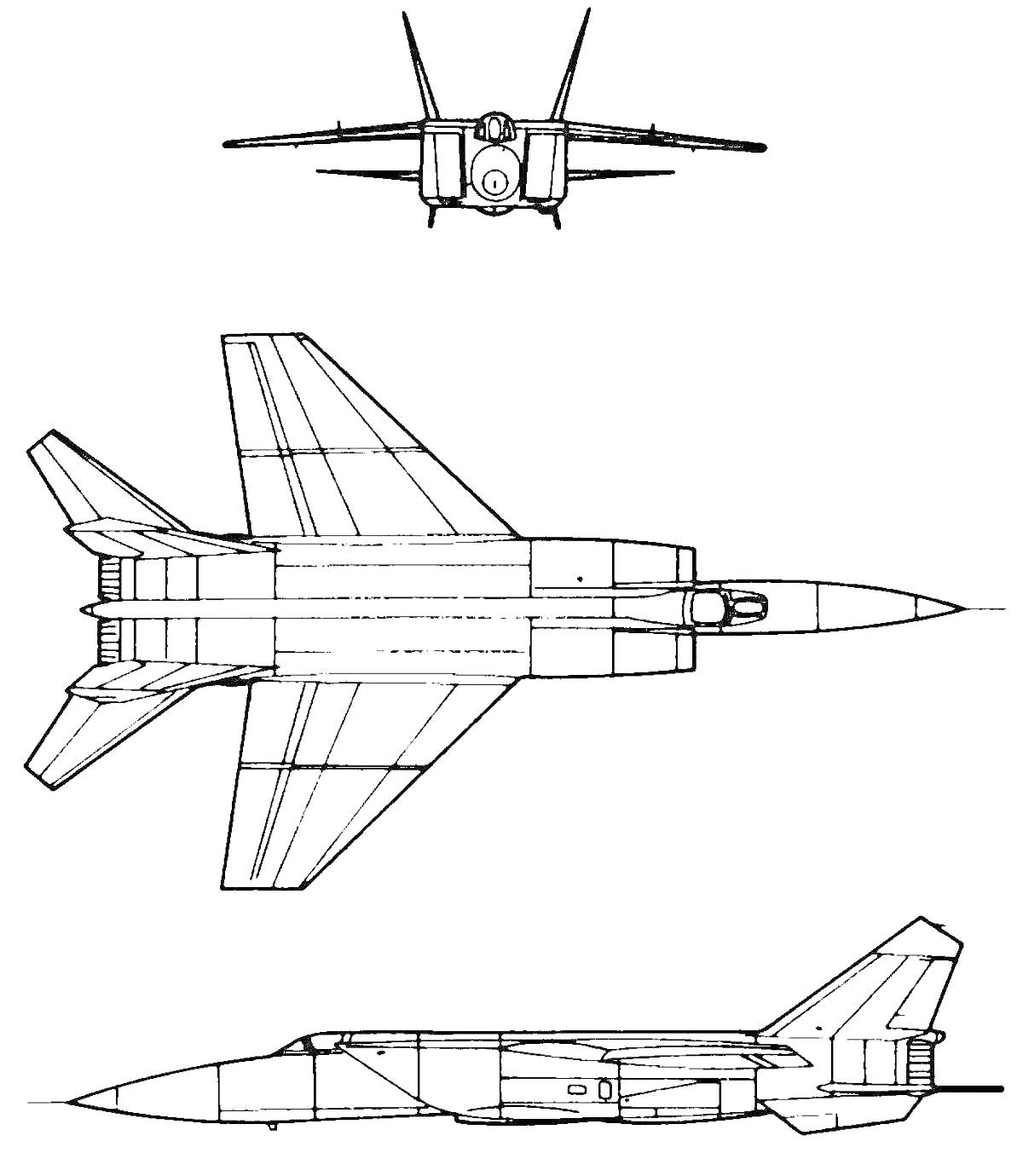 Раскраска Чертеж истребителя Миг-31 в трех проекциях (вид сверху, сбоку и спереди)