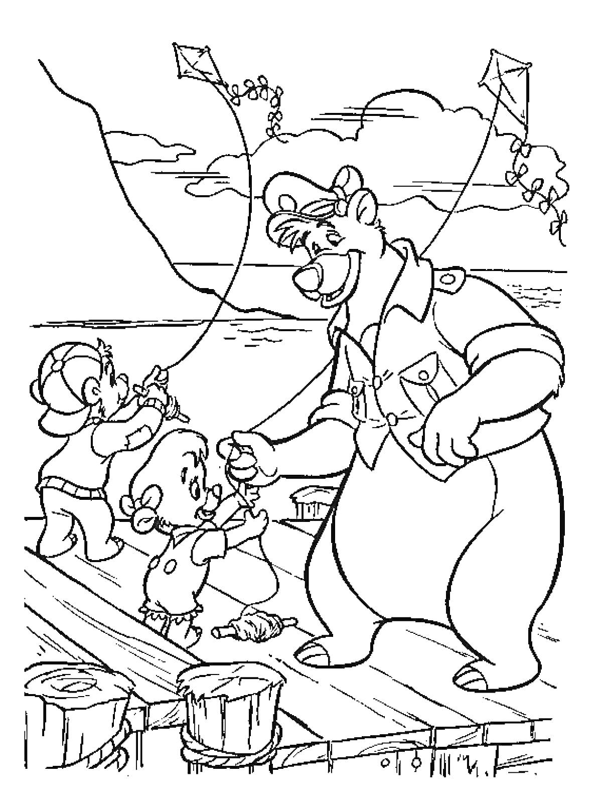 Раскраска Медведь и два малыша запускают воздушных змеев на пирсе