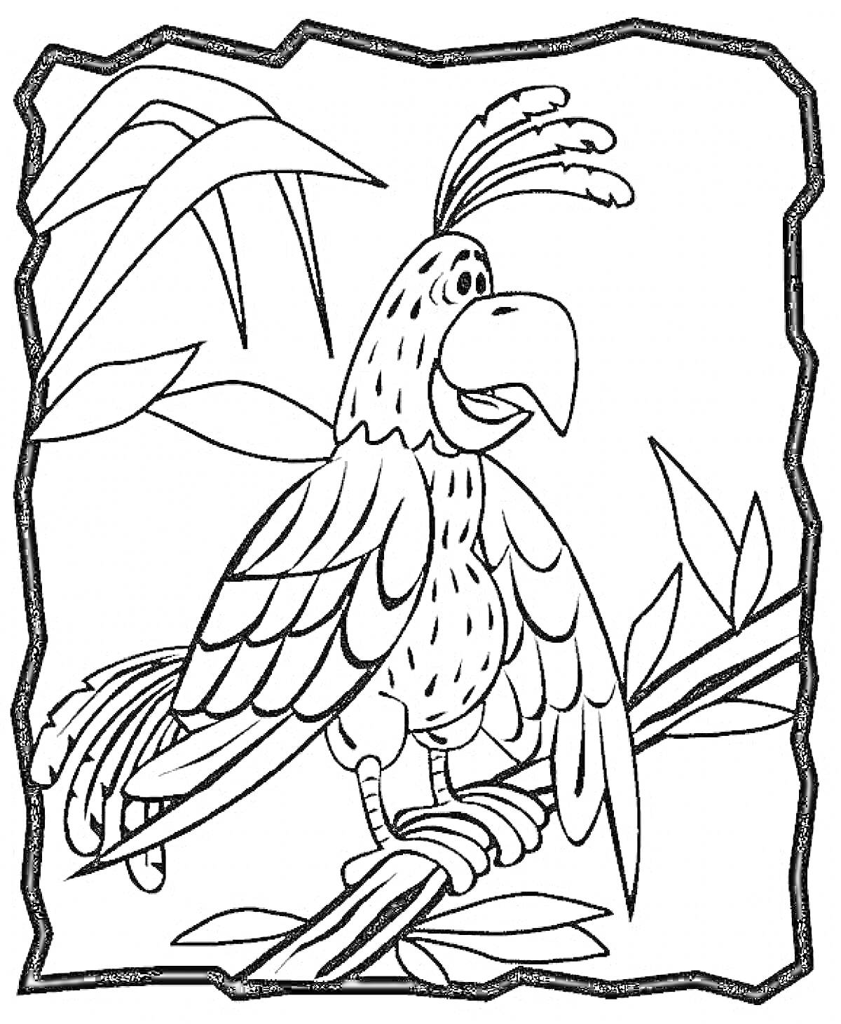 Раскраска Попугай на ветке с листьями