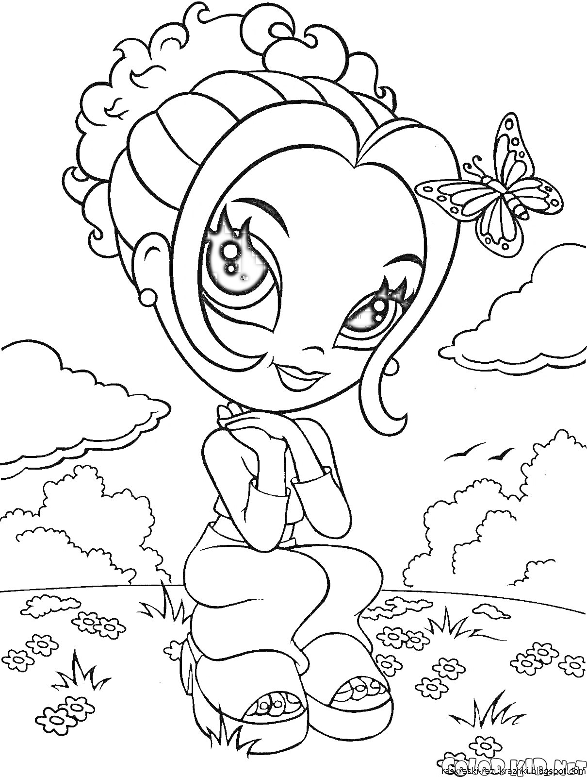 На раскраске изображено: Девочка, Луг, Бабочка, Природа, Сидение, Цветы, Облака, Волосы, Большие глаза