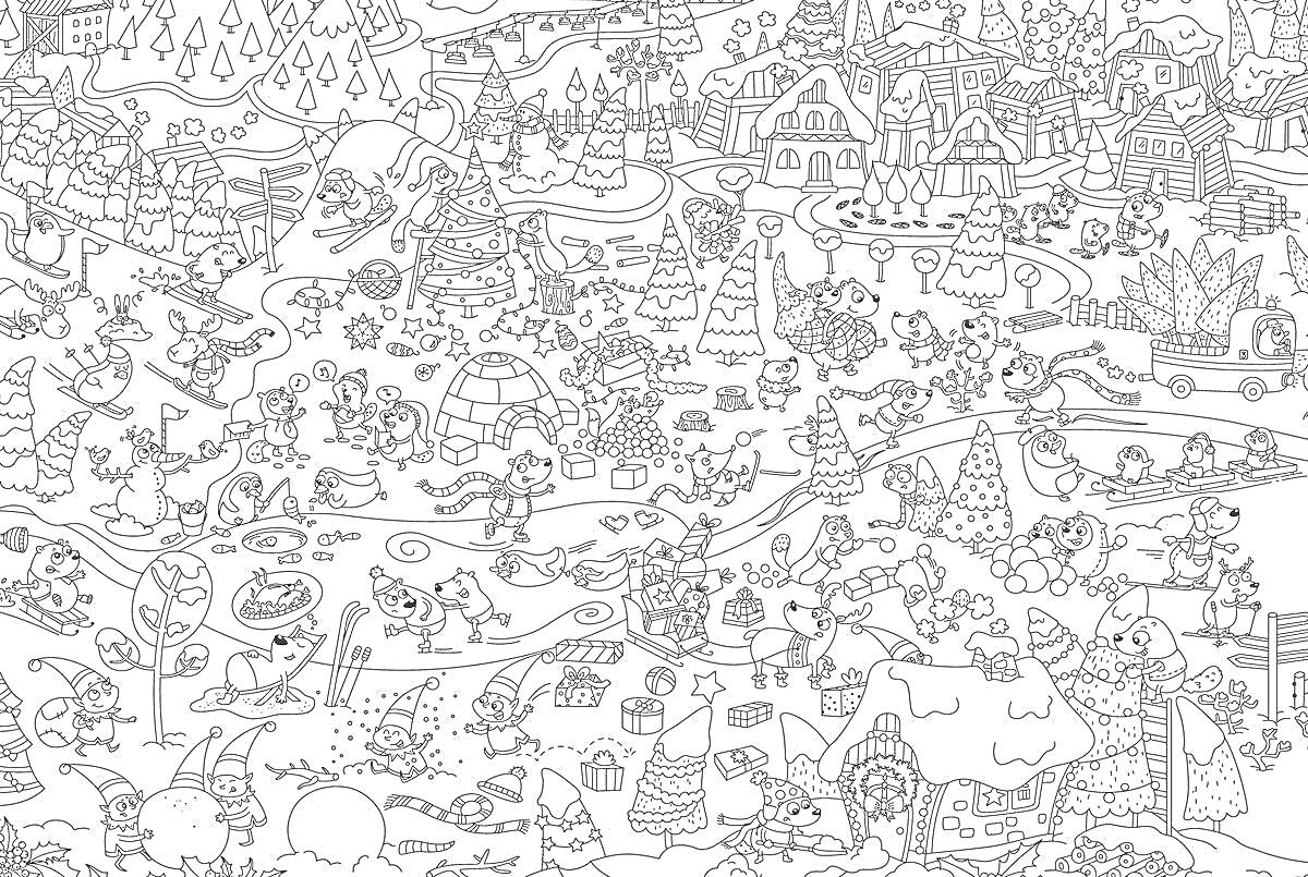 Раскраска Зимняя деревня с животными, домами, катанием на санях, елками, снеговиками и декоративными элементами
