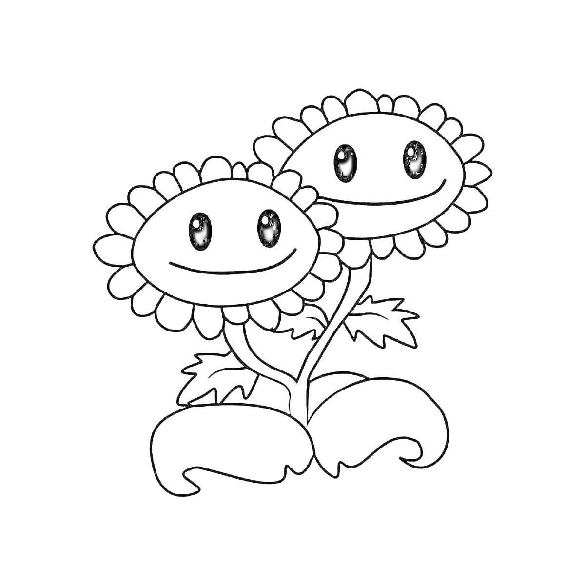 На раскраске изображено: Подсолнухи, Растения, Зомби, Игра, Растения против зомби, Два цветка