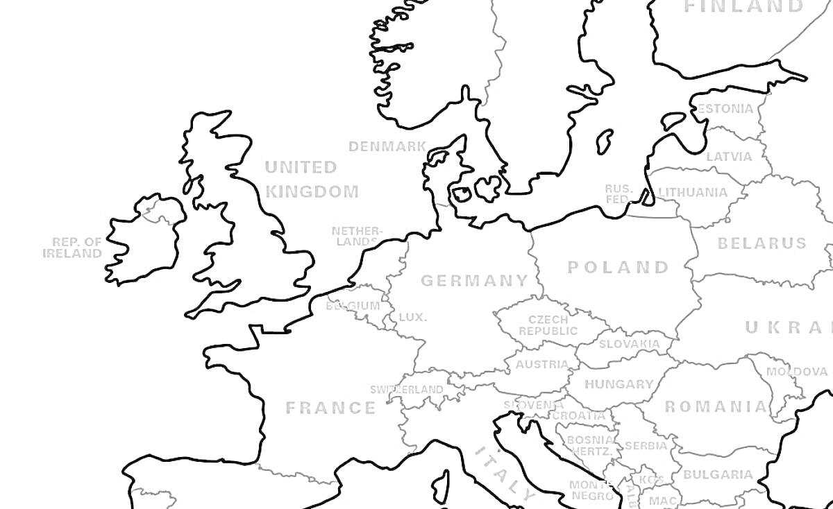 Контурная карта Европы с подписями стран и границ