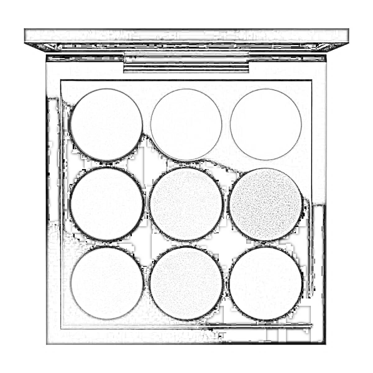 На раскраске изображено: Палетка теней, 9 цветов, Макияж, Косметика, Тени для век, Оттенки серого