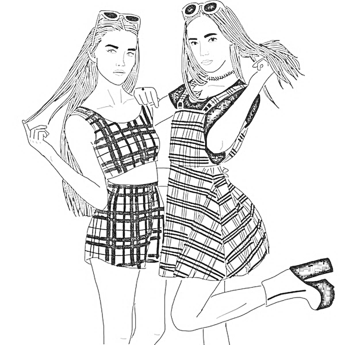 Раскраска Две подруги в клетчатой одежде и солнцезащитных очках