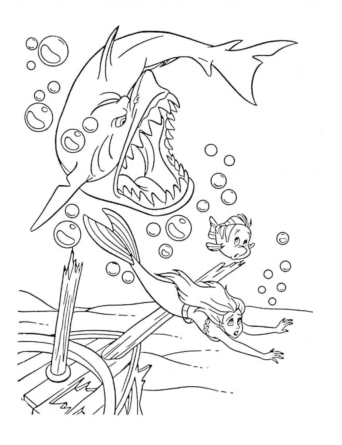 На раскраске изображено: Русалка, Подводный мир, Опасность, Море, Акулы, Океаны, Пузыри, Рыба