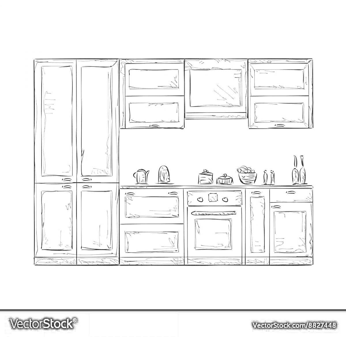 На раскраске изображено: Кухонный шкаф, Посуда, Кастрюли, Плита, Духовка, Полки, Бытовая техника, Кухня, Стеллажи