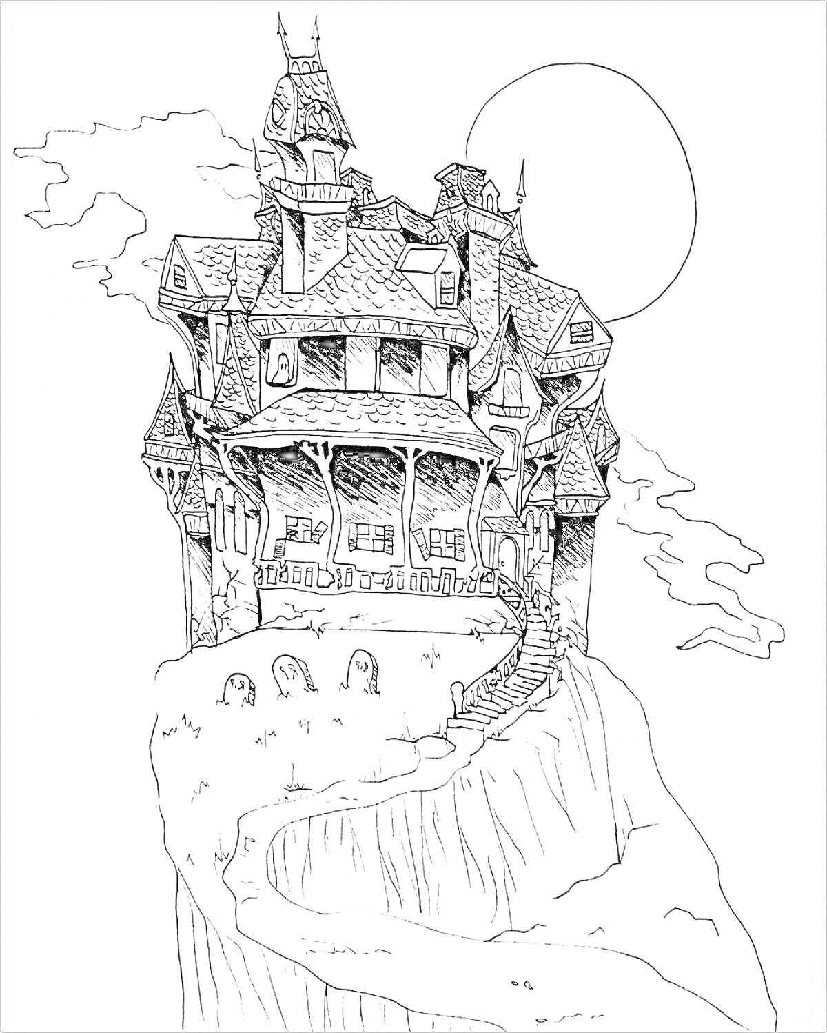На раскраске изображено: Утёс, Луна, Тучи, Жуткий, Дом с привидениями