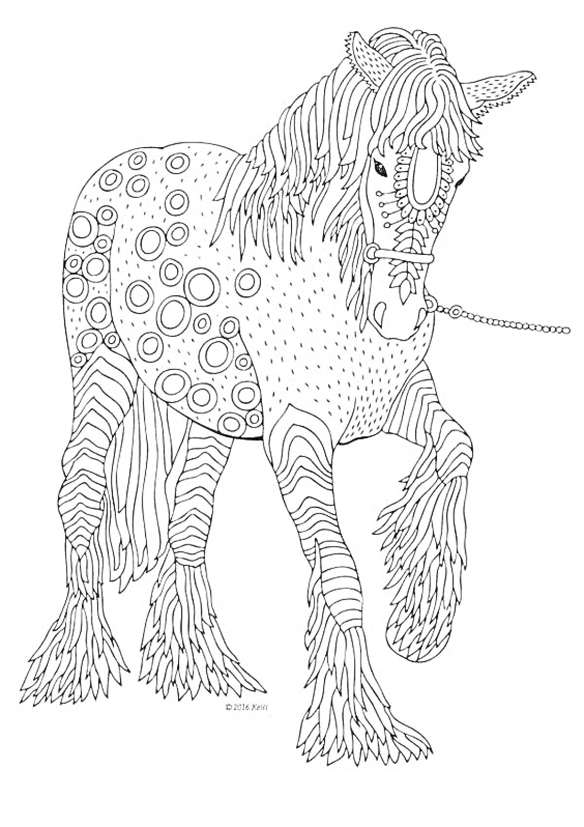 Лошадь с узорами и узда, круги, волнистые линии на теле и ногах