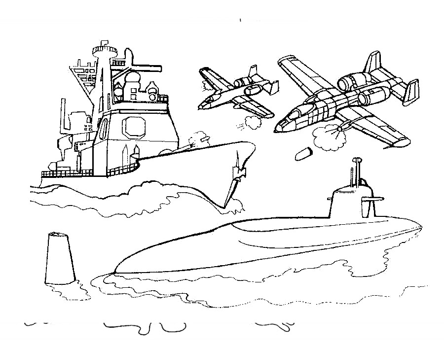 Боевой корабль, два военных самолета, подводная лодка