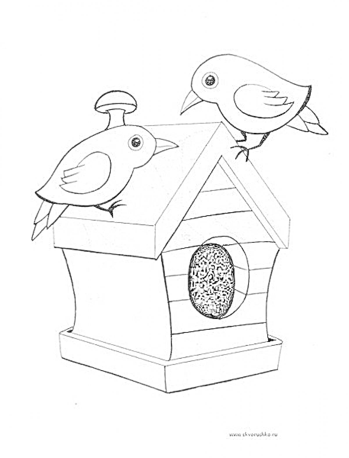Раскраска кормушка для птиц с двумя птицами на крыше