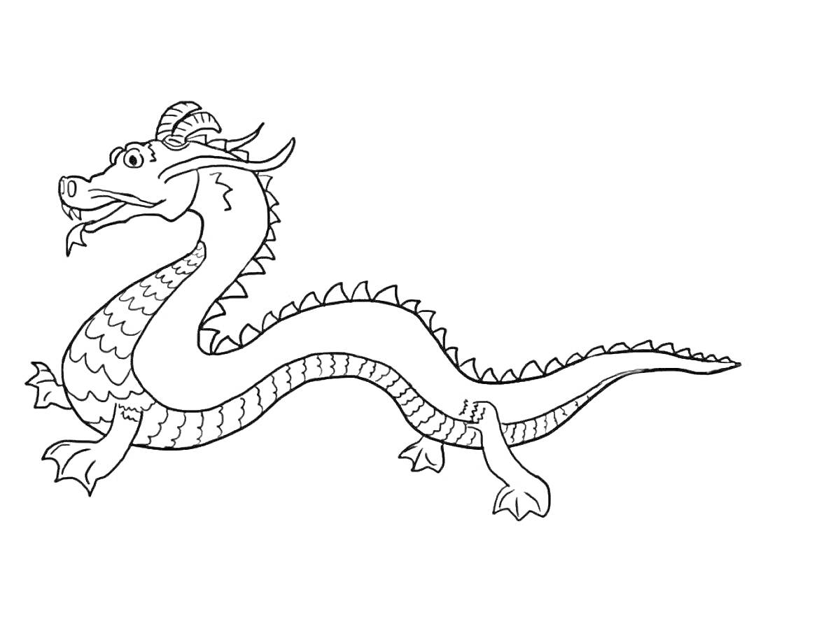 Раскраска Дракон с рожками и челюстью в китайском стиле, волосы на голове, язык высунут, тело с чешуей и лапами с когтями