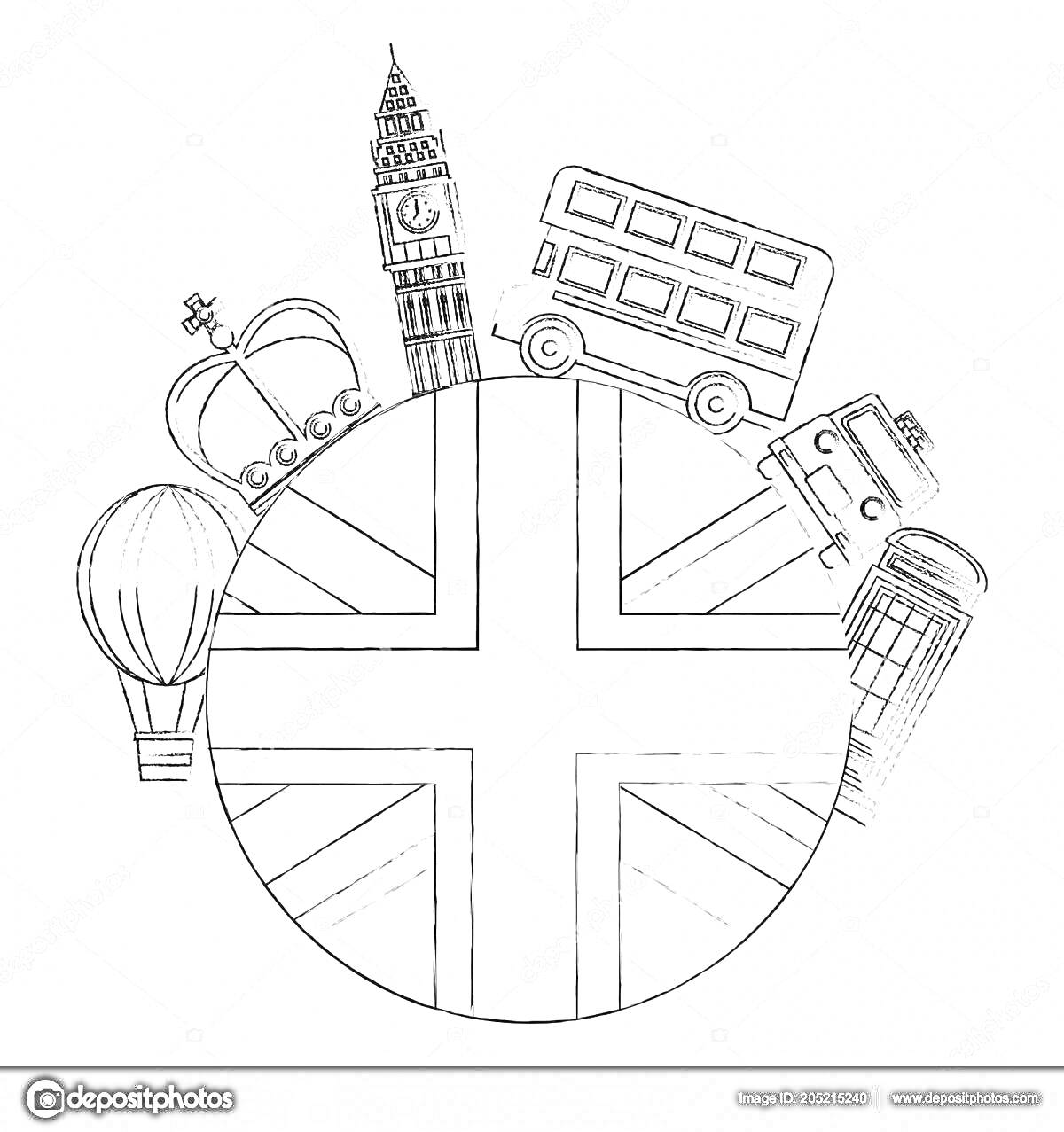 Раскраска Достопримечательности Англии: Биг Бен, двухэтажный автобус, телефонная будка, корона, воздушный шар, такси на фоне флага Великобритании