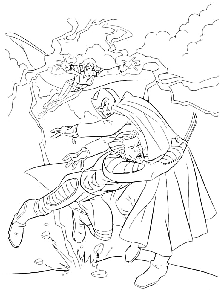 Раскраска Три супергероя в боевой сцене - один на переднем плане с когтями на руках, другой на заднем плане с плащом, и третий летит с поднятыми руками в заднем левом углу