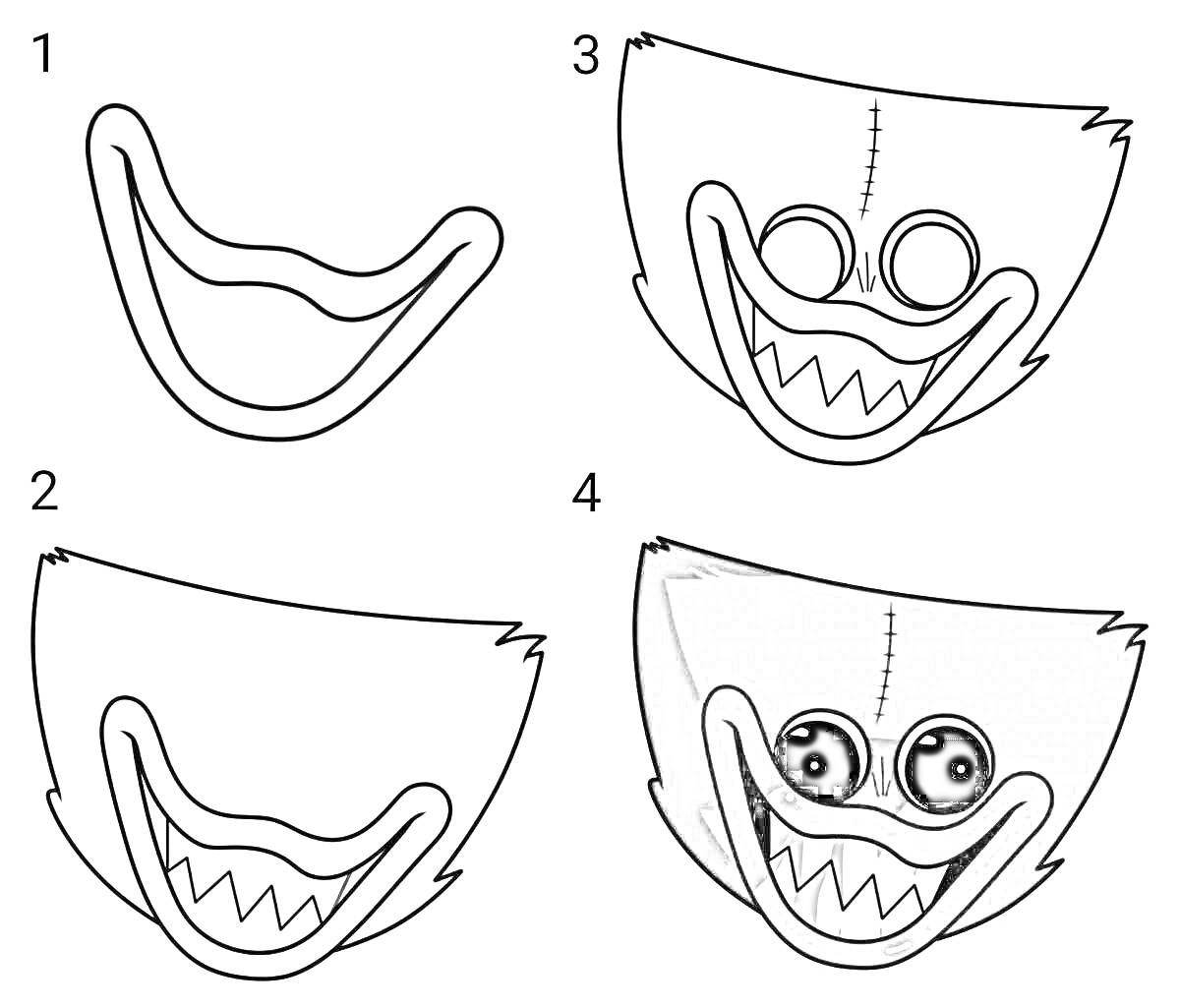 Раскраска Процесс раскраски персонажа Хаги Ваги с четырьмя шагами