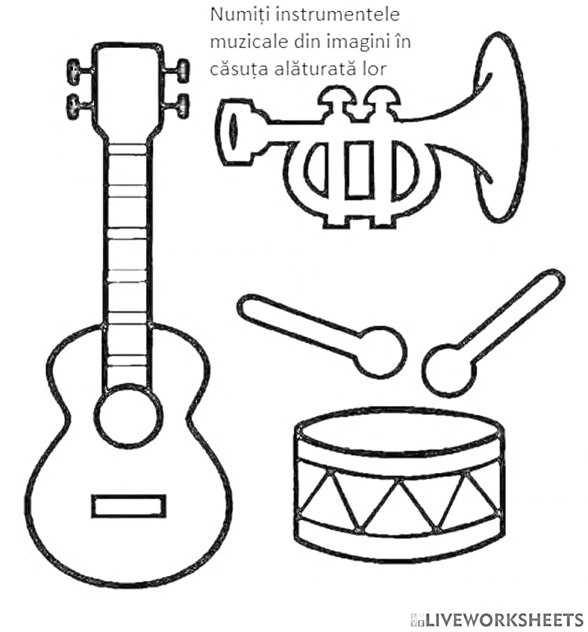 На раскраске изображено: Музыкальные инструменты, Гитара, Труба, Барабан, Палочки для барабана, Обучение, Музыка, 2 класс, Барабанные палочки