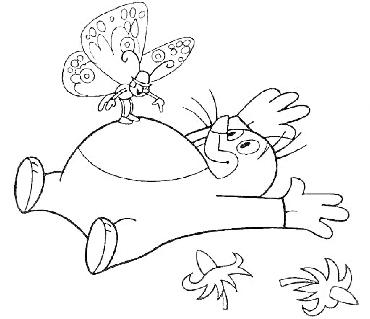 Раскраска Крот, лежащий на спине с бабочкой на животе и тремя цветами рядом