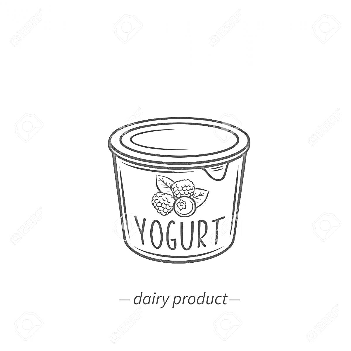 На раскраске изображено: Йогурт, Контейнер, Малина, Молочный продукт