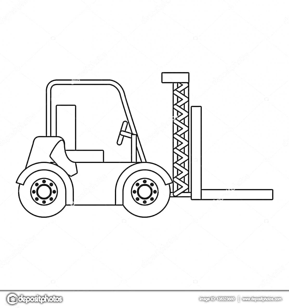 Раскраска Вилочный погрузчик с кабиной, рулем, четырьмя колесами и подъемным механизмом
