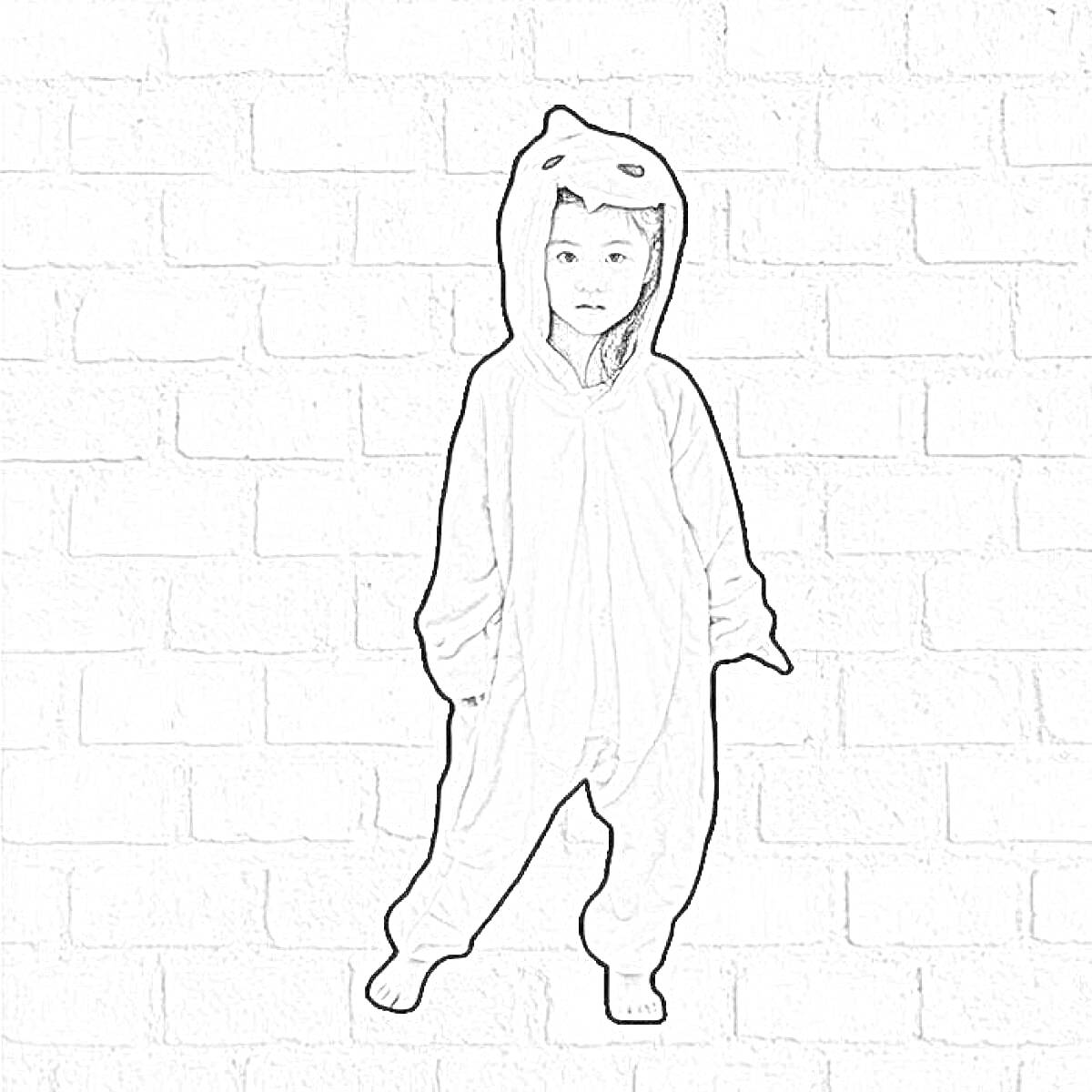 Раскраска Ребёнок в плюшевом белом кигуруми с капюшоном в виде животного на фоне кирпичной стены