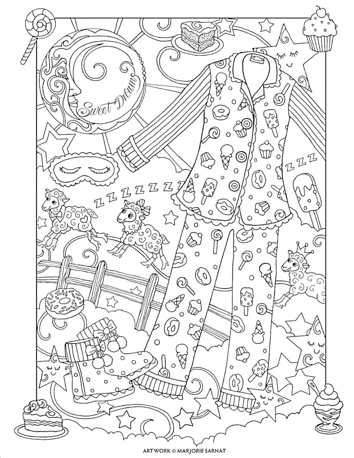 На раскраске изображено: Пижама, Овечки, Звезды, Мороженое, Конфеты, Сладости, Луна, Облака, Забор, Зеркало, Маска для сна