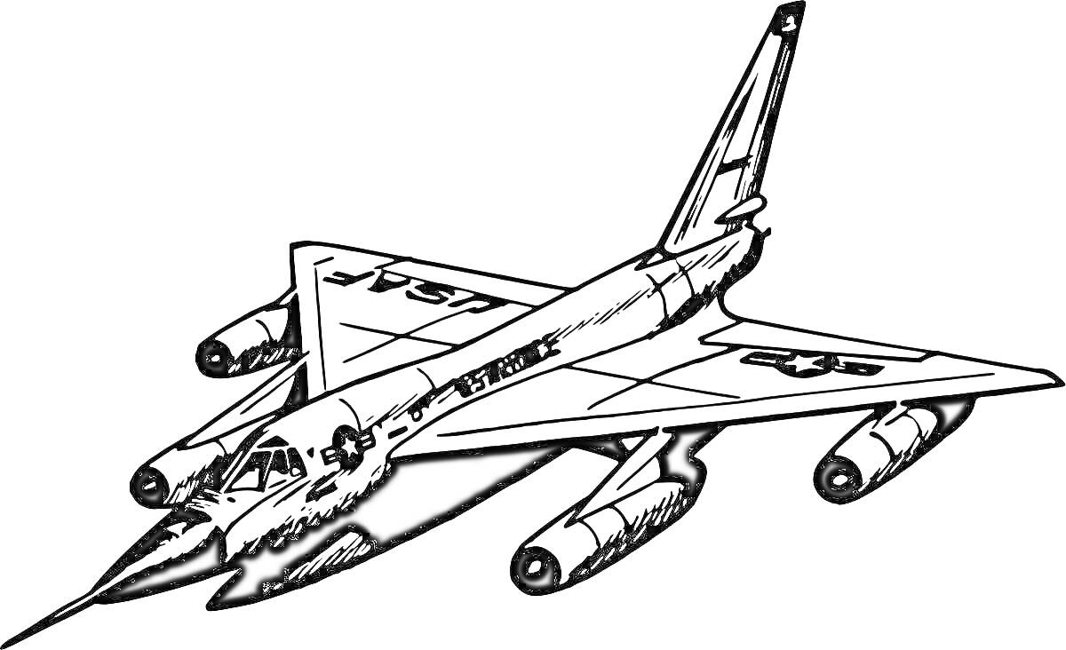 Раскраска Бомбардировщик с тремя реактивными двигателями и авиационными эмблемами на крыльях