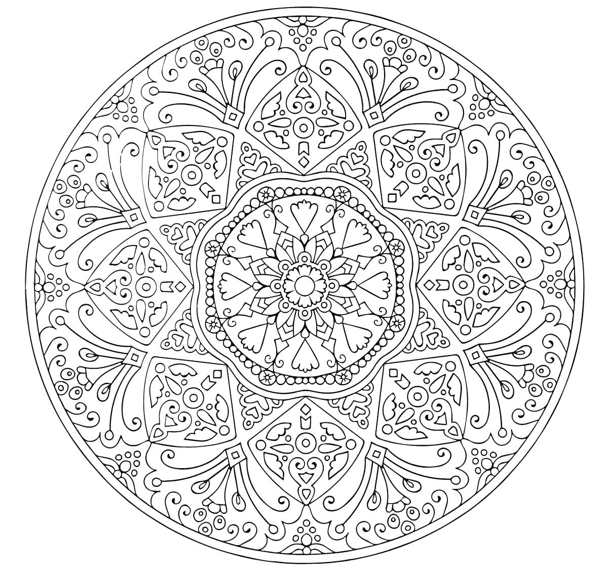 Раскраска Мандала с лепестками, сердцами, цветочками и декоративными узорами