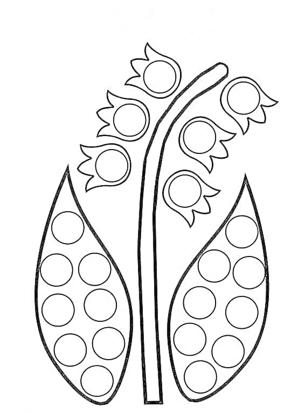 На раскраске изображено: Ландыш, Листья, Стебель, Окружности, Пластилин, Для детей