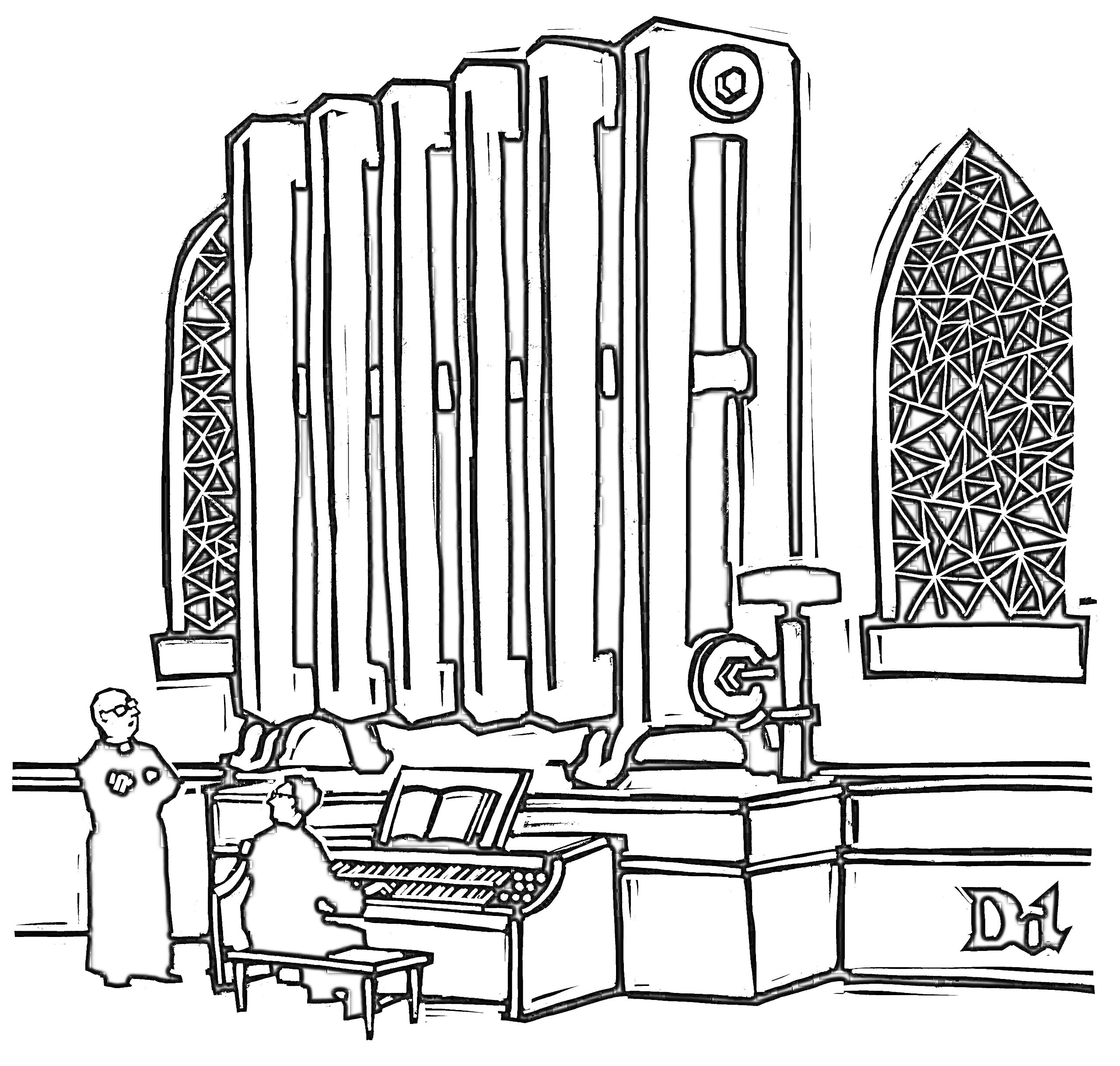 Раскраска Люди возле музыкального органа в церкви