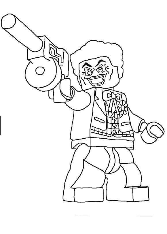 Раскраска Человек LEGO с пистолетом, в костюме и с краваткой-бабочкой