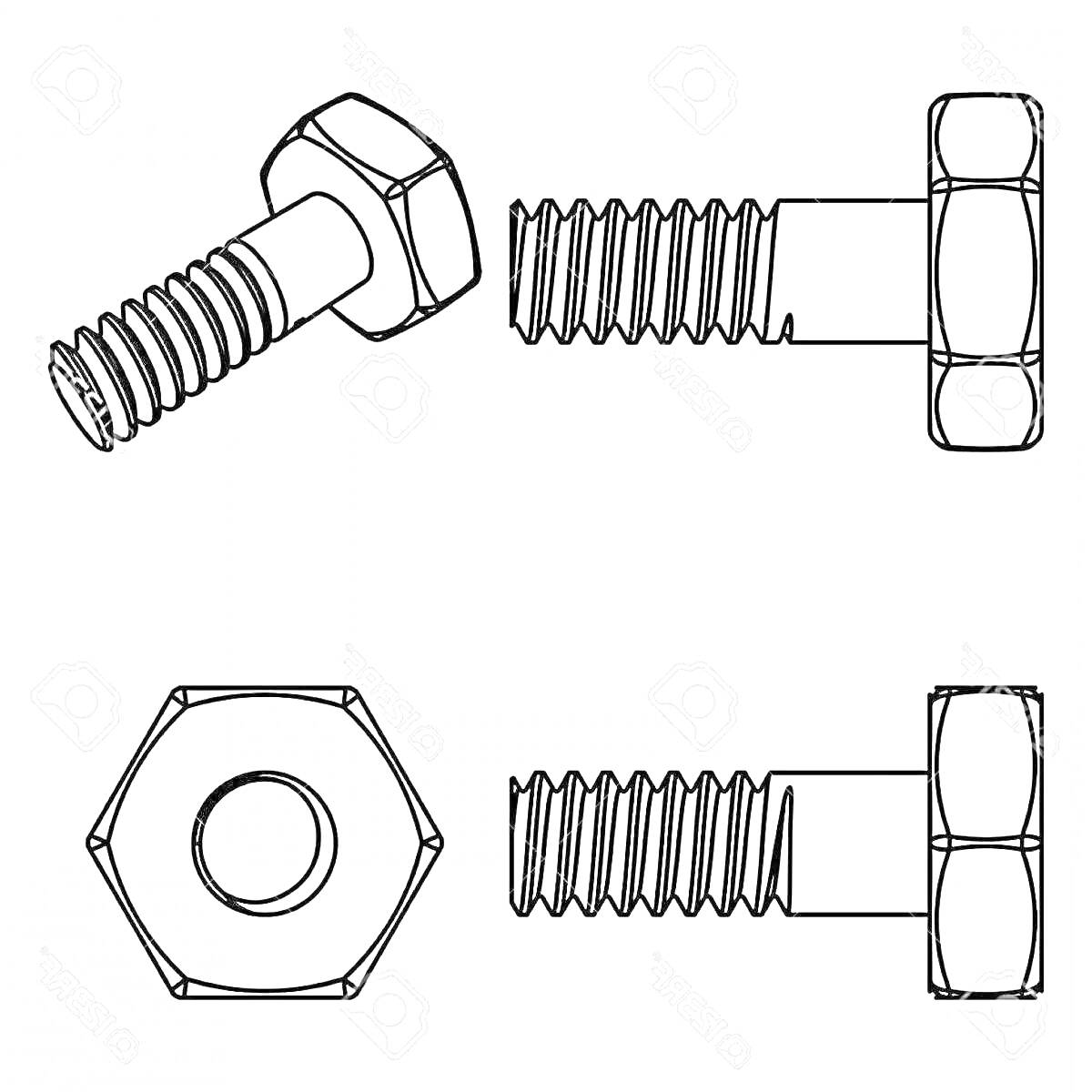 Раскраска Винт и гайка в разных проекциях (изометрическая, боковая, вид сверху)
