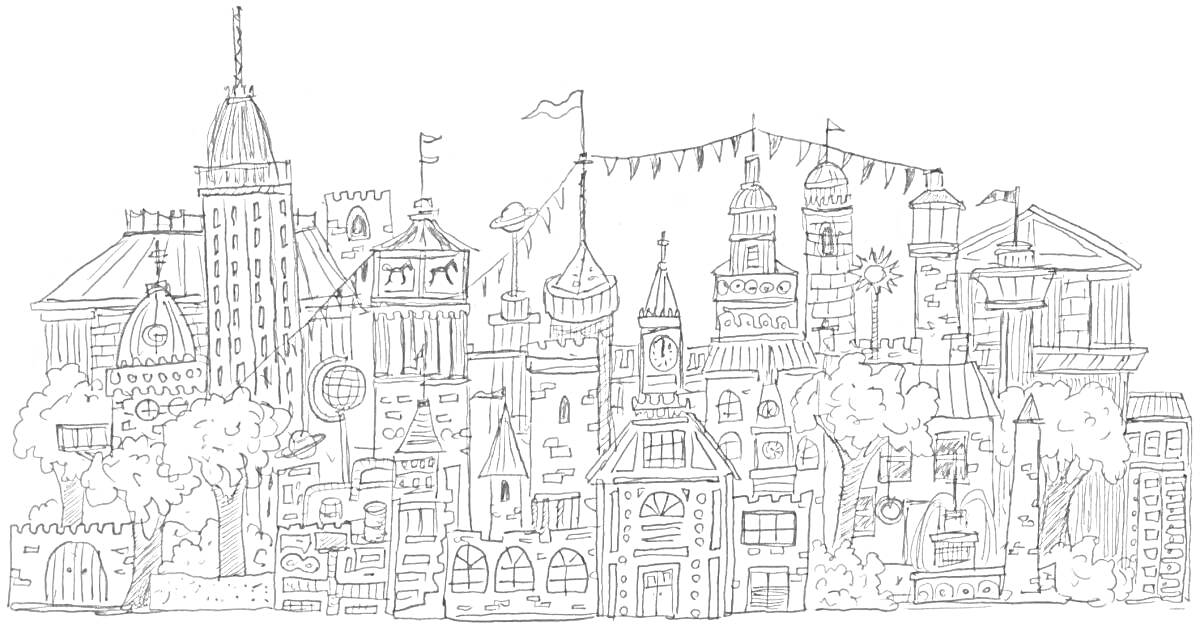 На раскраске изображено: Башни, Деревья, Фонари